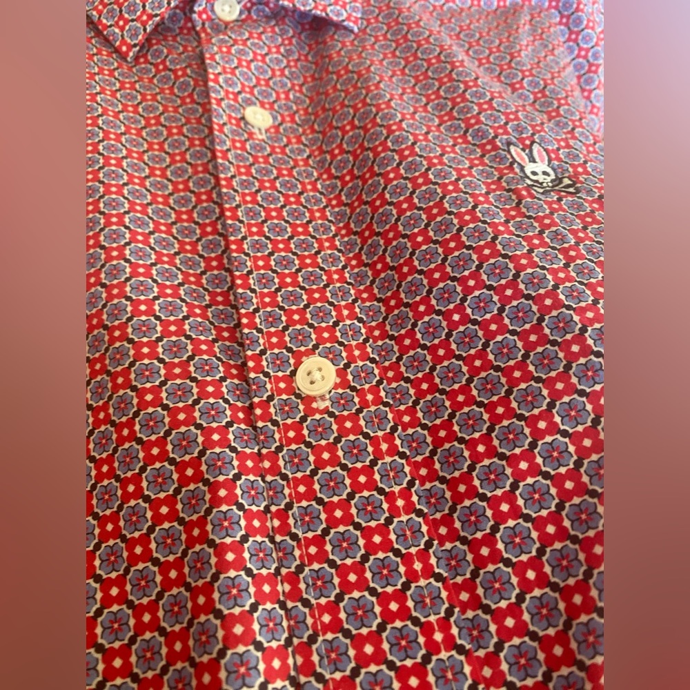 Psycho Bunny short sleeved button down shirt pink and blue flowers. 3XLT